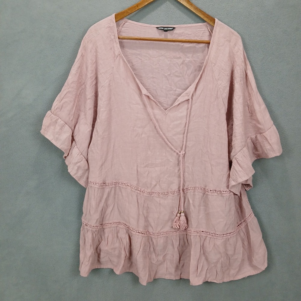 Unique Spectrum Blouse Top Womens 2X Pink Lace Detail Ruffle Sleeve V Neck